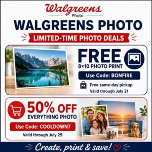 Walgreens Photo promo code for a free 8×10 print and 50% off photo products