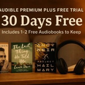 Cozy living room scene with open book, headphones, and warm lighting promoting the Audible Premium Plus Free Trial with 30 days free and 1–2 free audiobooks.