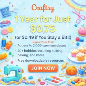 Craftsy Premium membership promotion showing 1 year access discounted from $123 to $0.75 or $0.49 limited-time offer.