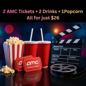 AMC movie deal image showing popcorn, two drinks, and two AMC cinema tickets with clapperboard — offer includes 2 tickets, 2 drinks, and 1 popcorn for just $26