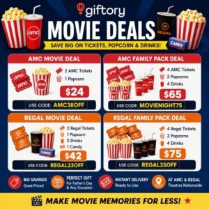 Giftory AMC and Regal movie ticket deals with discounted family packs, popcorn, drinks, and exclusive promo codes