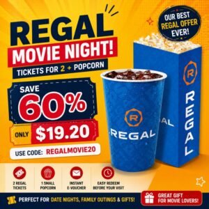 Giftory Regal Movie Tickets for 2 with Popcorn – Save 60% using promo code REGALMOVIE20
