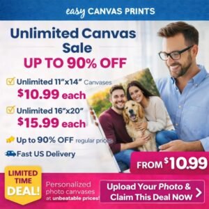 Easy Canvas Prints deal showing personalized photo canvas wall art