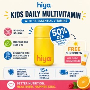 Hiya Health Summer Sale with 50% off first order, free sunscreen, and free shipping for kids multivitamin subscription
