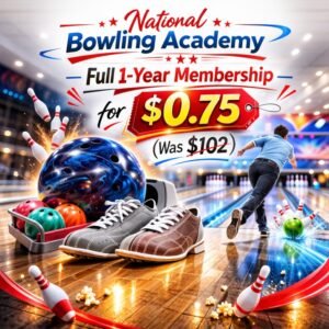 National Bowling Academy promotion showing full year membership discounted from $102 to $0.75.