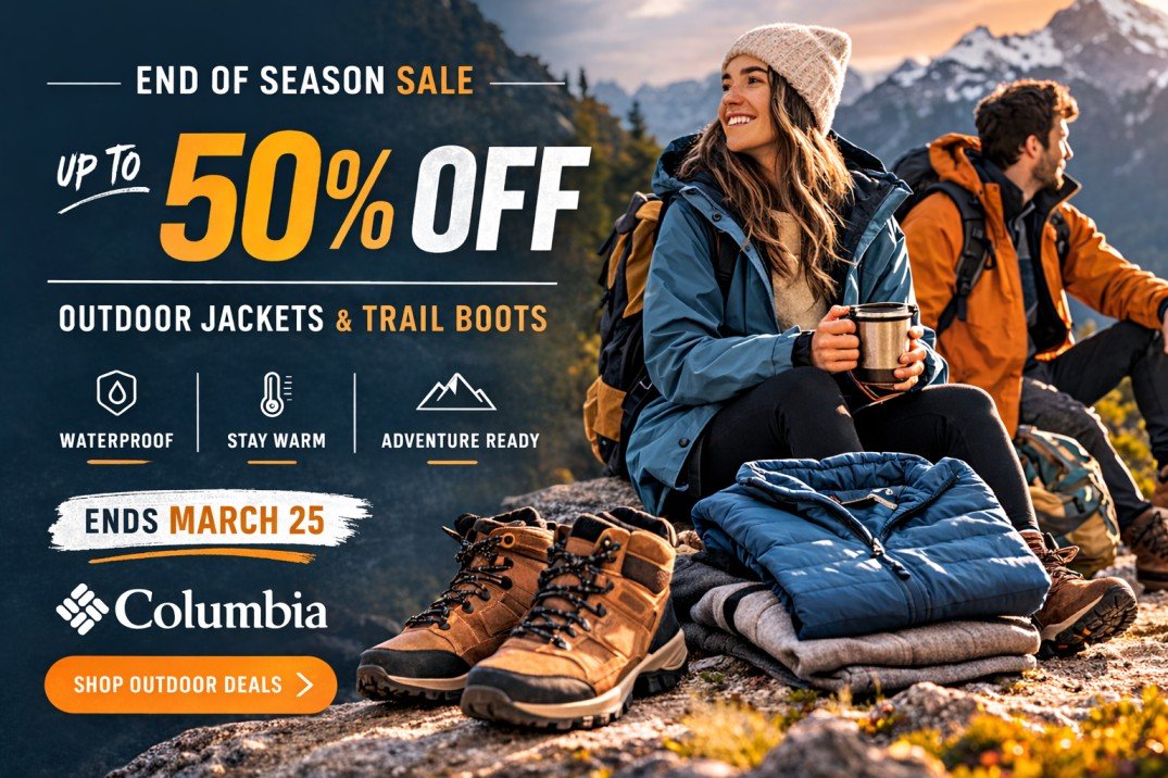 Columbia End of Season Sale banner – up to 50% off outdoor jackets and trail boots, offer ends March 25