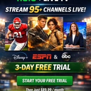 Hulu Live TV 3-day free trial promotion offering live TV channels, sports, news, and on-demand streaming access.
