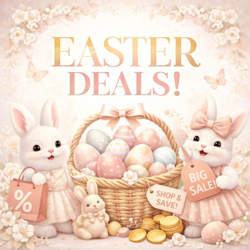 Easter deals banner with cute bunnies, pastel eggs, and spring sale offers on MadeForDeals Easter deals page