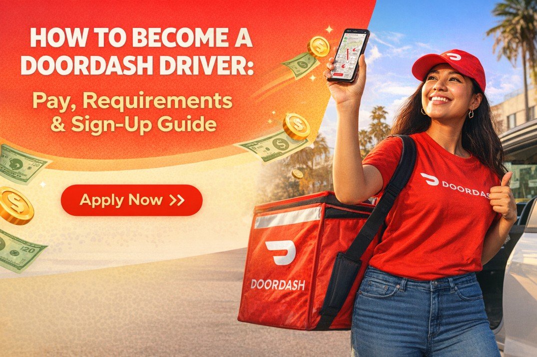 Hero banner for a blog post about how to become a DoorDash driver, including pay, requirements, and sign-up guide