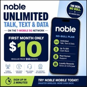 Noble Mobile $10 first month unlimited talk text and data deal