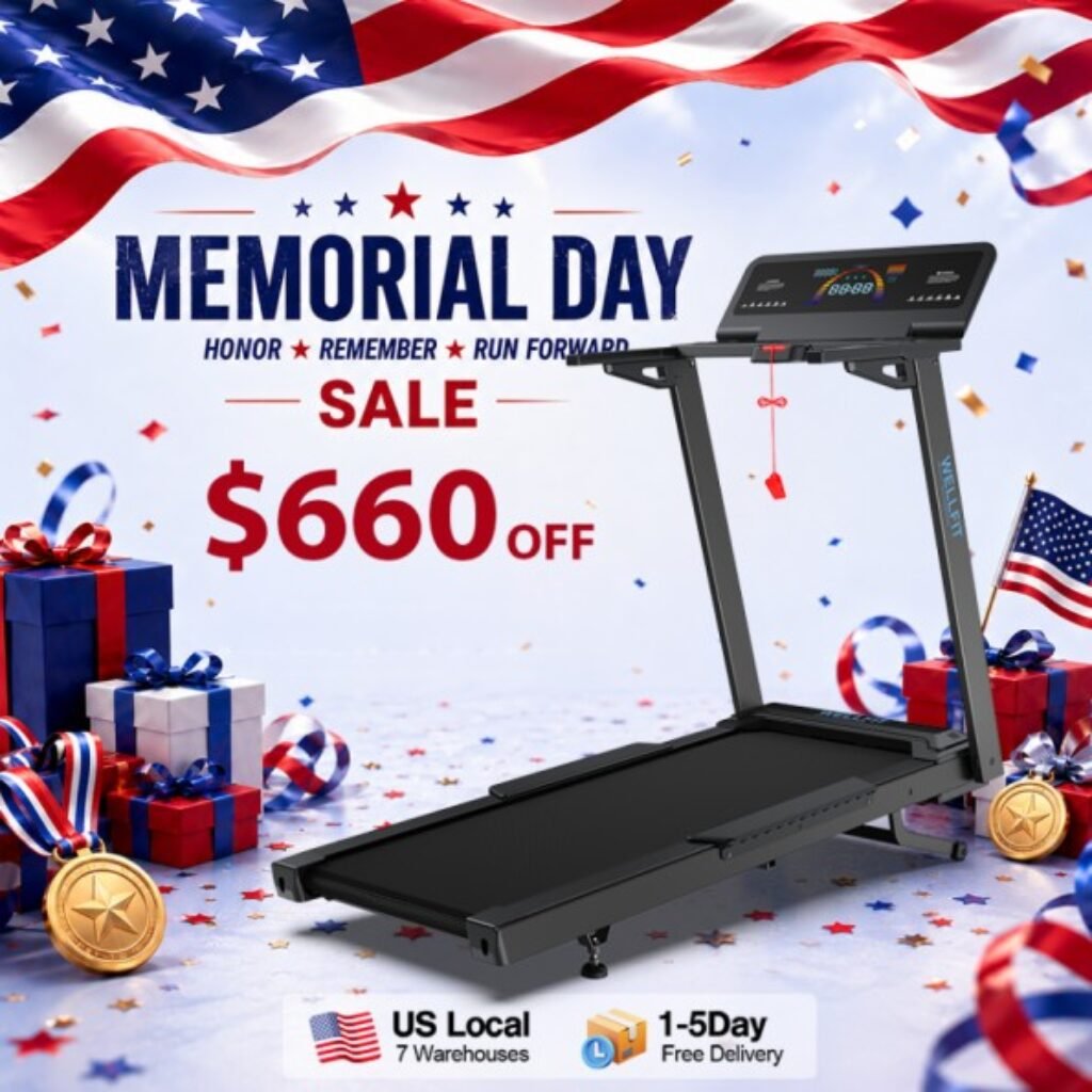WELLFIT TM029 Pro treadmill Memorial Day sale banner showing $660 off discount