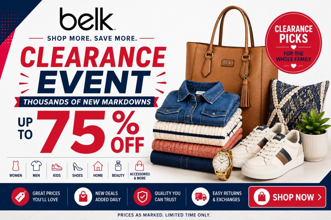 Belk Clearance Event banner featuring up to 75% off clearance deals on fashion, shoes, home decor, beauty products, and accessories