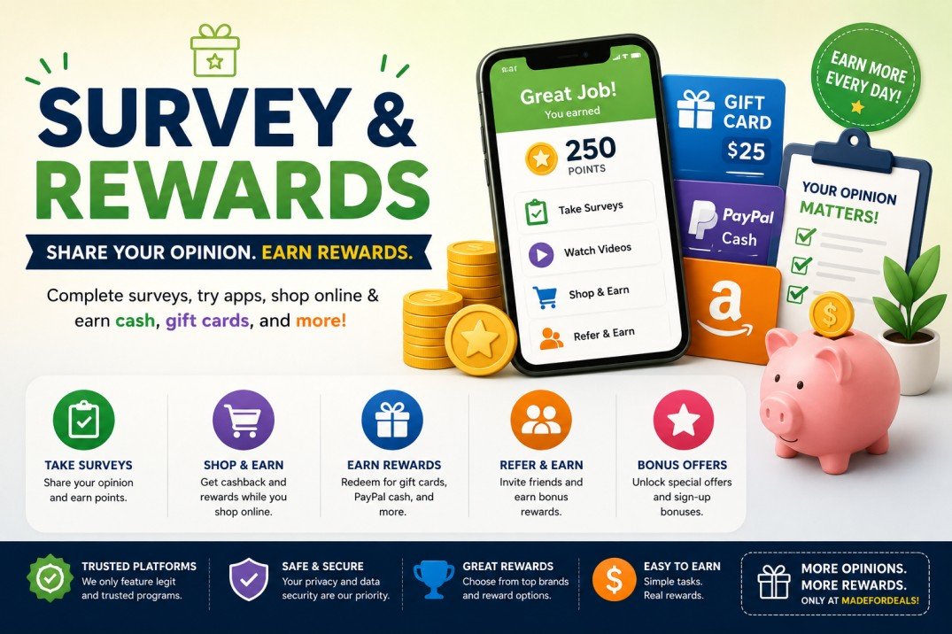 Survey & Rewards banner featuring cashback apps, survey programs, gift cards, rewards points, signup bonuses, and money-saving opportunities
