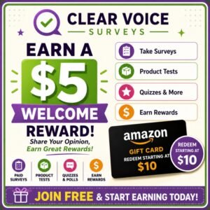 Clear Voice Surveys $5 welcome reward with paid online surveys and Amazon Gift Card rewards.