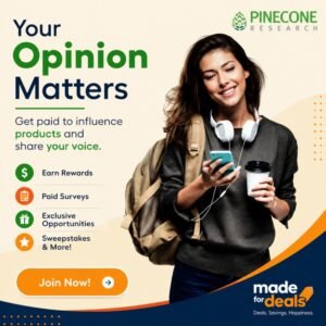 Pinecone Research paid survey offer – Earn your first $5 by joining free and completing your first qualifying survey.