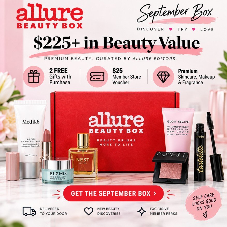 September Allure Beauty Box deal with $225+ value, 2 free gifts and $25 Member Store Voucher