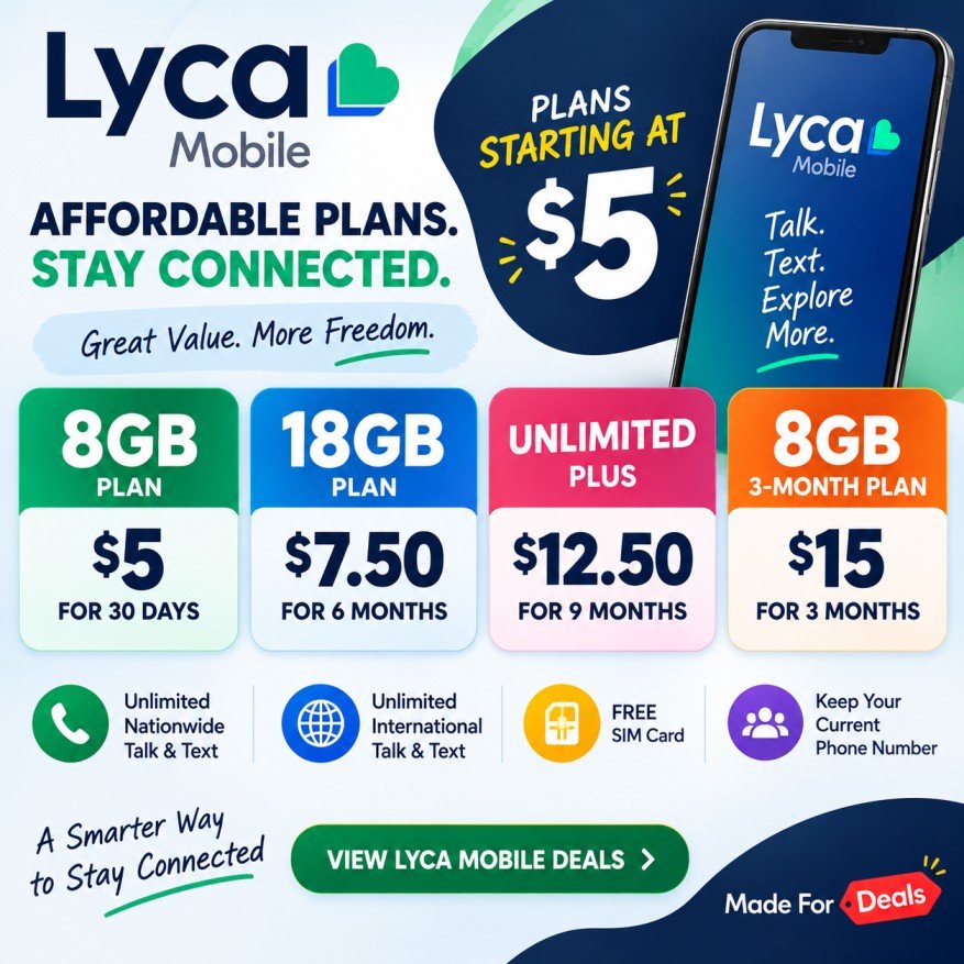 Lyca Mobile deals with 8GB, 18GB and unlimited data plans starting at $5