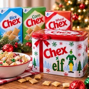 Chex x Elf holiday tin and Chex cereal holiday promotion