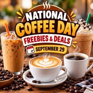Coffee cup and coffee beans representing National Coffee Day freebies and deals
