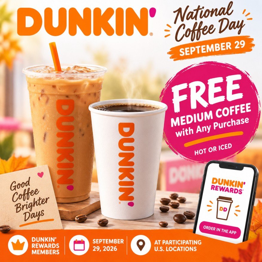 Free medium Dunkin hot or iced coffee on National Coffee Day