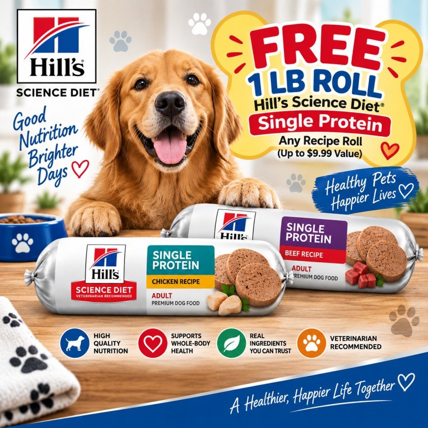 Free 1 lb Hill's Science Diet Single Protein dog food roll offer