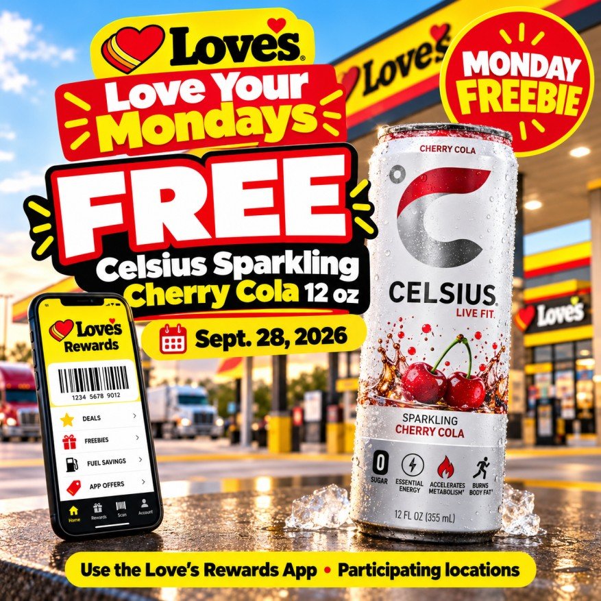 Love's Rewards Deals, Freebies & Monday Offers Love's Rewards free Celsius Sparkling Cherry Cola 12 oz on September 28, 2026