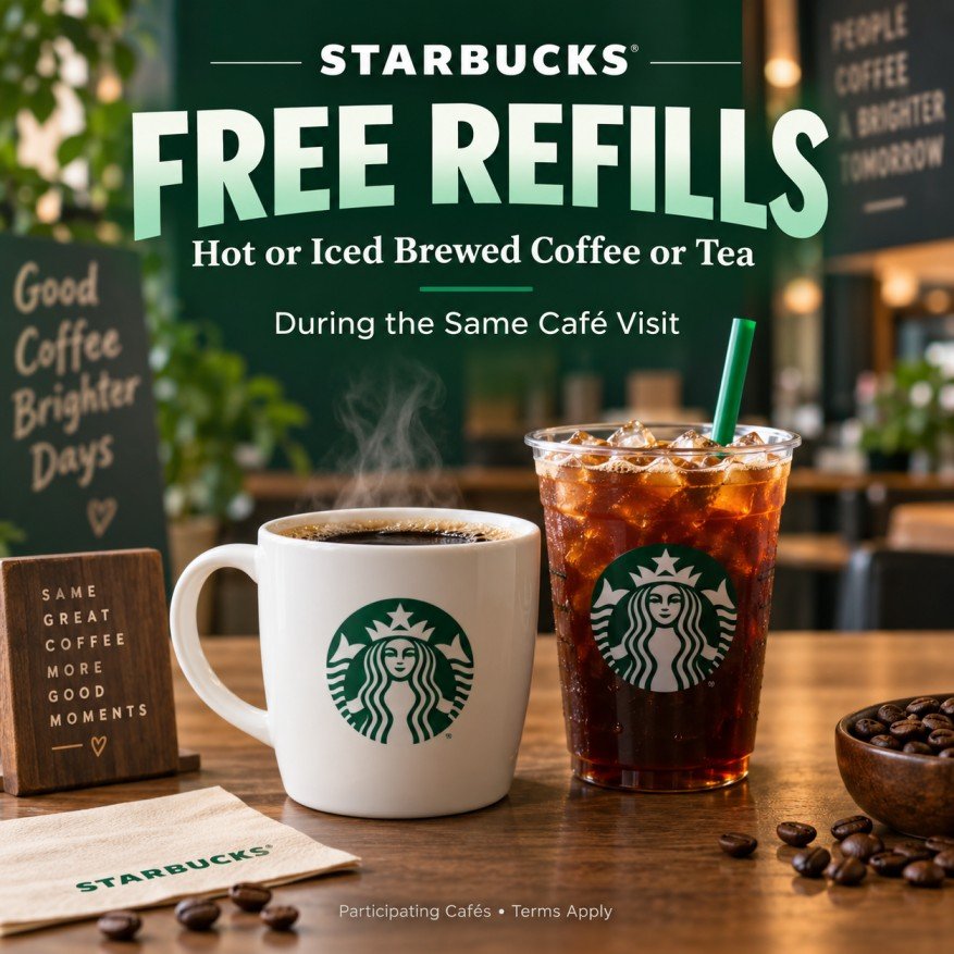 Starbucks free brewed coffee and tea refills during the same café visit