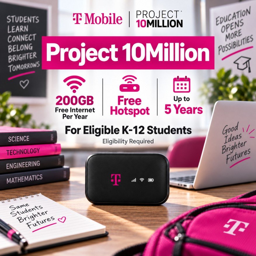 T-Mobile Project 10Million free hotspot and 200GB of free internet per year for eligible K-12 students