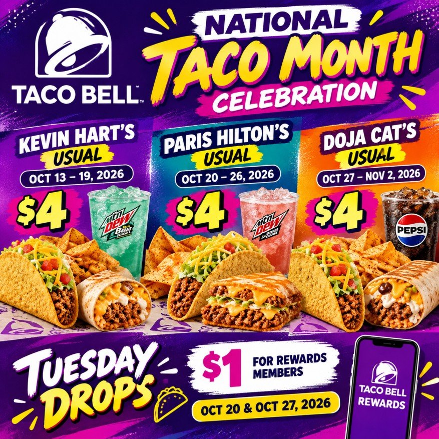 Taco Bell Deals & Coupons – Latest Offers, Free Food & Rewards Taco Bell $4 celebrity meal deals and $1 Tuesday Drops in October 2026