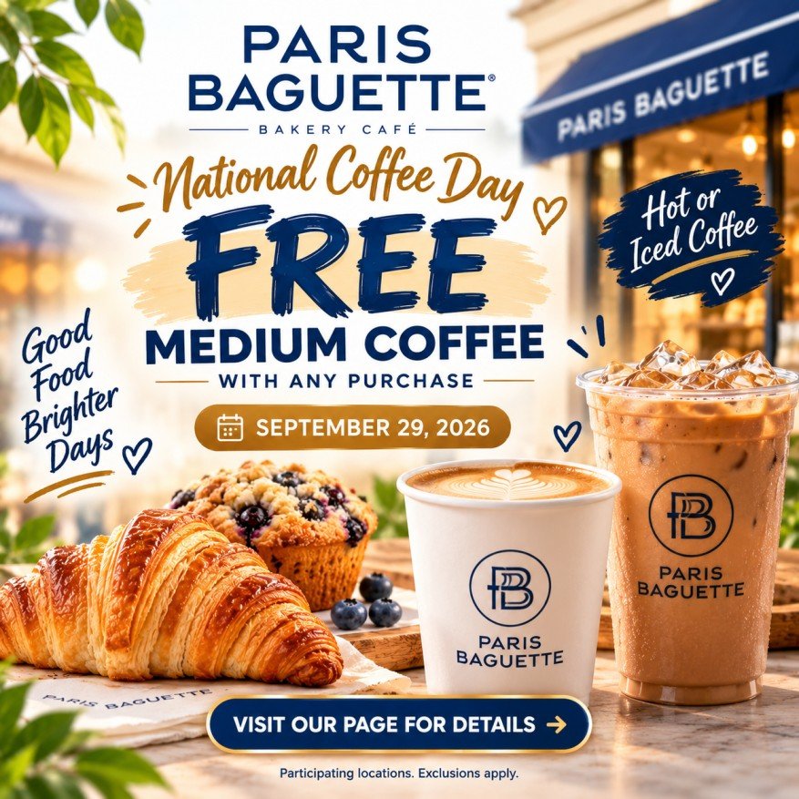 Paris Baguette Deals, Coupons, Rewards & Freebies Paris Baguette National Coffee Day free medium coffee offer