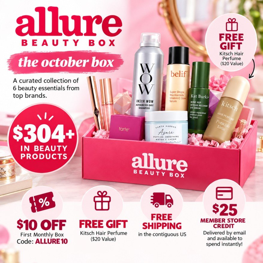 October Allure Beauty Box membership offer with beauty products, a free Kitsch hair perfume gift, and $25 member-store credit