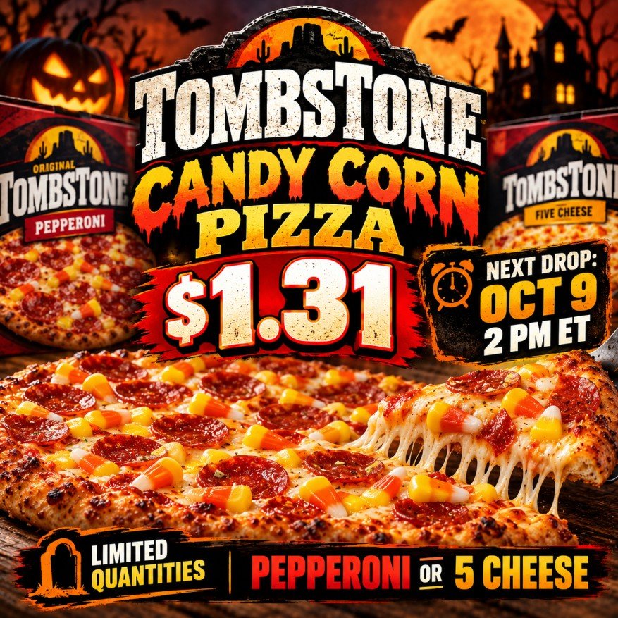 Tombstone Candy Corn Pizza kit for $1.31 with October 9, 2026 drop details