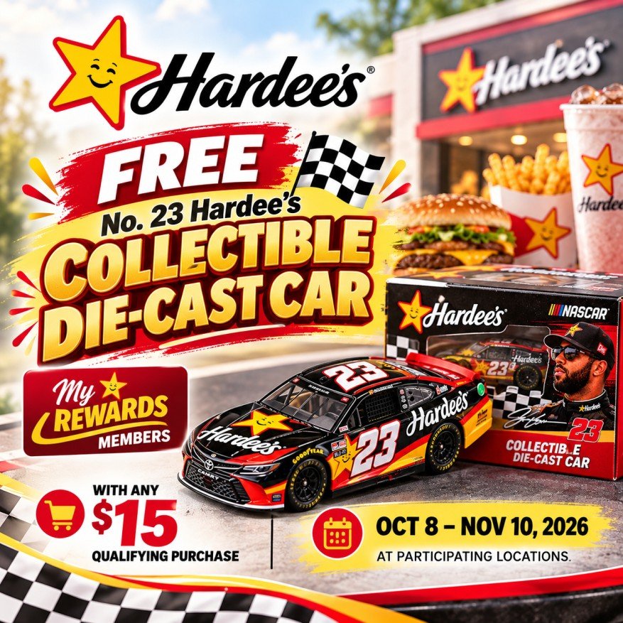 Hardee’s Deals, Coupons & My Rewards Offers Hardee’s Bubba Wallace 1/64 collectible die-cast car offer