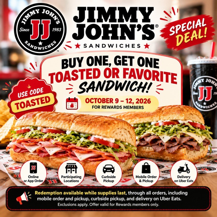 Jimmy John's BOGO Toasted or Favorite sandwich deal for Rewards members