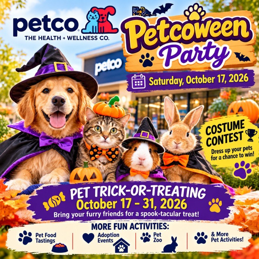 Petco Petcoween party and costume contest with free treats and Halloween photo opportunities on October 17, 2026