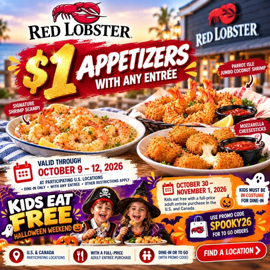 Red Lobster $1 appetizer offer with coconut shrimp, shrimp cocktail, or mozzarella cheesesticks