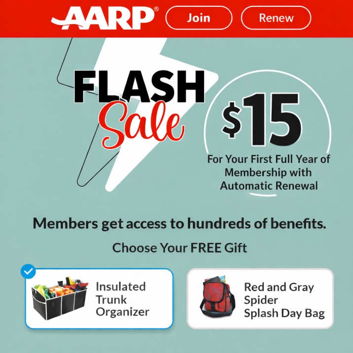✨ AARP Membership Deal – Just $15 for Your First Year + Free Gift AARP membership promotion showing $15 first-year price with free insulated trunk organizer or red and gray spider splash day bag.