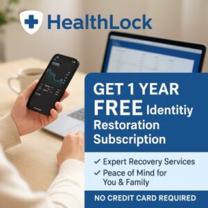 Person using smartphone and laptop with HealthLock promotional text offering 1-year free identity restoration subscription, expert recovery services, and peace of mind for families.