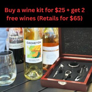 Wine kit with bottles of Cachetón Sauvignon Blanc and Three Harbors Rosé displayed beside a wooden wine accessory box – Swirl Wine Shop $25 deal with 2 free wines (retails for $65)