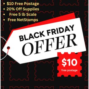 Black Friday Stamps.com offer graphic showing $10 free postage, 20% off supplies, free 5 lb scale, and free NetStamps.
