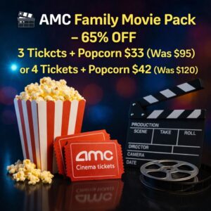 AMC family movie pack deal offering 3 tickets with popcorn for $33 or 4 tickets with popcorn for $42 using code FAMILYMOVIE65