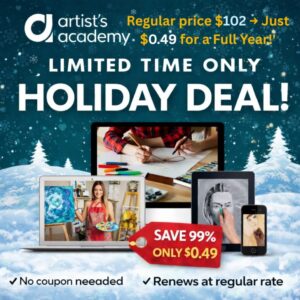 Artist’s Academy premium art membership deal showing a full year of painting and drawing lessons discounted from $102 to just $0.49.