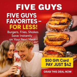 Five Guys promotional image showing a $50 gift card available for $42 with code 5GUYS42, featuring burgers and fries.