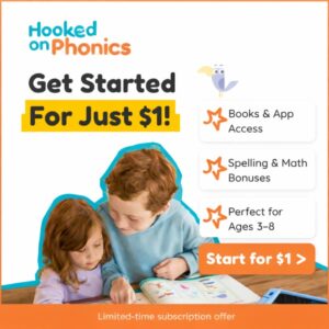 Children learning to read with Hooked on Phonics books and app – $1 introductory subscription offer