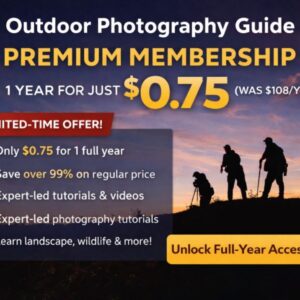 Outdoor Photography Guide premium membership deal banner showing $0.75 one-year subscription offer with photographers at sunset