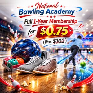National Bowling Academy promotion showing full year membership discounted from $102 to $0.75.