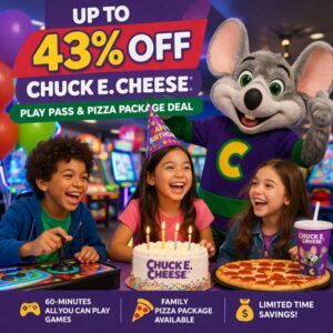 Chuck E Cheese kids playing games birthday party deal