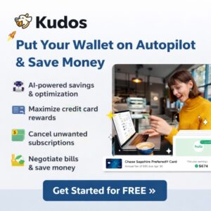 Kudos app dashboard showing savings and credit card tracking