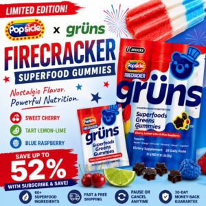 Limited edition Grüns Popsicle Firecracker superfood gummies subscription deal with cherry, lemon-lime and blue raspberry flavors
