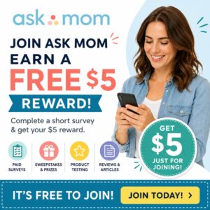 Woman earning rewards with Ask Mom surveys and free $5 sign-up bonus